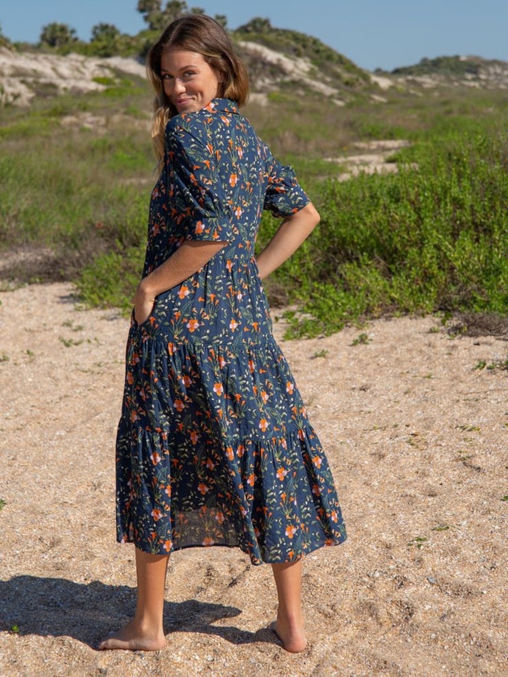 Natural Life Rebecca Midi Dress Small Navy Floral Tiered Boho Cottagecore